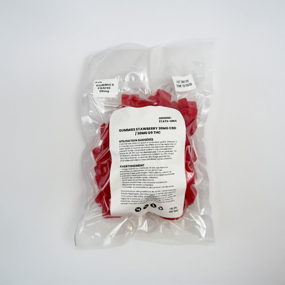 Pochon sous vide de gummies au THC goûts fraise à 30mg de CBD recto